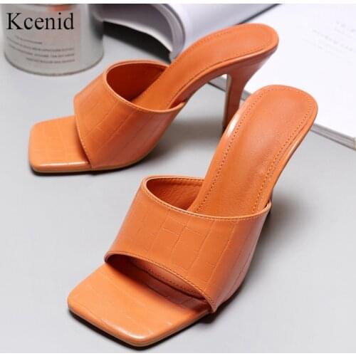Kcenid Summer new womens shoes soft PU leather square toe women high heel mules slippers fashion party dress ladies shoes 41 42