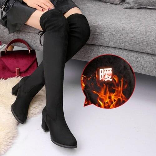 2020Hot Fashion Women Boots Winter Over The Knee Heels Quality Suede Long Comfort Square Botines Mujer Thigh High Boots 35-40