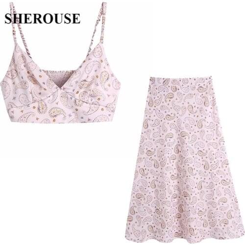 2021 New Women 2 Pieces Set Printed Copped Camisole and Midi Skirts Suit Fashion Casual Chic Lady Woman Tops & Skirts suit