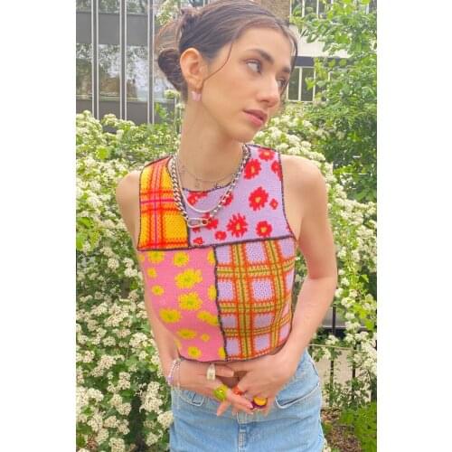 Womens Round Neck Knitted Vest Fashion Contrast Color Flower Exposed Navel Sleeveless Tops,Summer Popular Women-Clothing