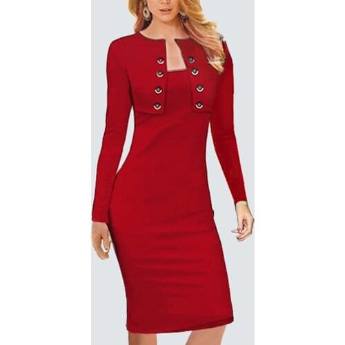 Plus Size Sexy Lady Bodycon Women Long Sleeve Double-Breasted Button Business Autumn Dress HB10