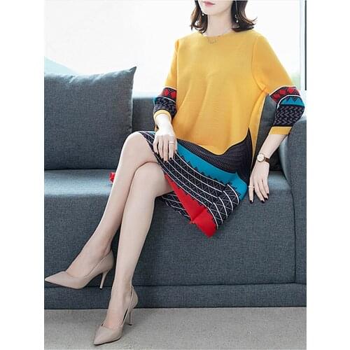 Spring Summer New Large Size Dress 2019 Women Temperament Fashion Simple Retro Color Matching Printing Womens Loose Round Neck