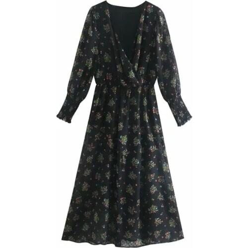 New Pop Women Dress Printed Plumetis Mesh Midi dress Long Sleeves Elastic waist elegant casual vestidos femme robe