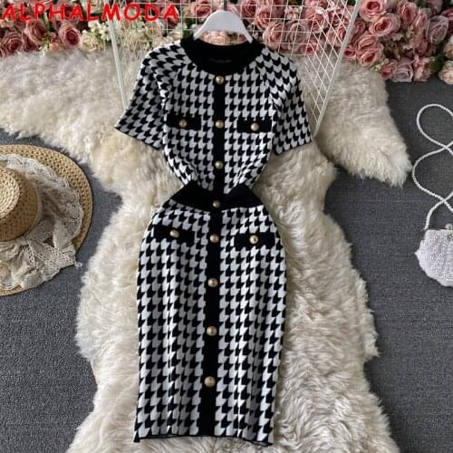 ALPHALMODA 2021 Short-sleeved O-neck Women Pullover Formal Knitting Dress Button Details Trendy Ladies Summer Dress