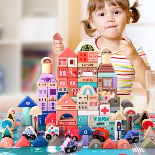 115Pcs Colour Wooden Building Block Set Toys Urban Geometric Shade Preschool Educational Childrens Toys for Boys Girls Baby Kid