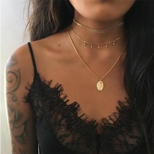 4 Pcs/Set Vintage Women Jesus Virgin Mary Bead Pendant Tassel Chain Gold Necklace Exquisite Multilayer Long Necklace Set