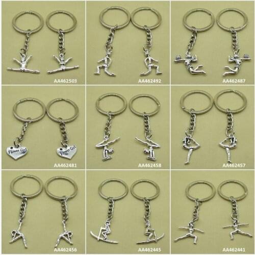 Antique Silver Plated Keychain Keyring Keytag Key Chain Ring Gymnastics Skiing Ski Flower Girl Love Heart Volleyball Player