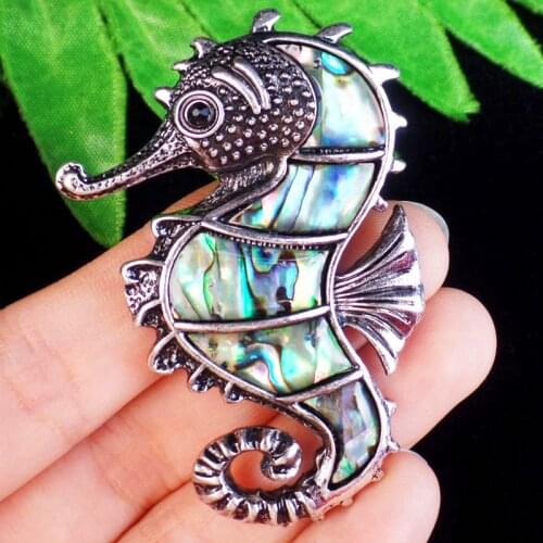 Wrapped Tibetan Silver Abalone Shell Seahorse Brooch Pendant Bead SH107 For Womens Jewelry