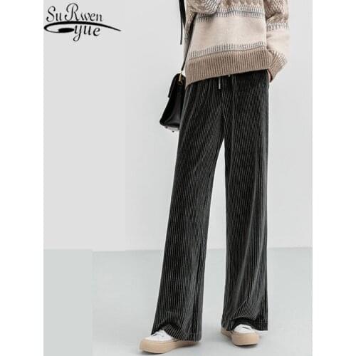 2021 High Waist Loose Slimming Straight Solid Womens Pants Autumn Winter Thicken Corduroy Wide Leg Pants Mujer Pantalones 11179
