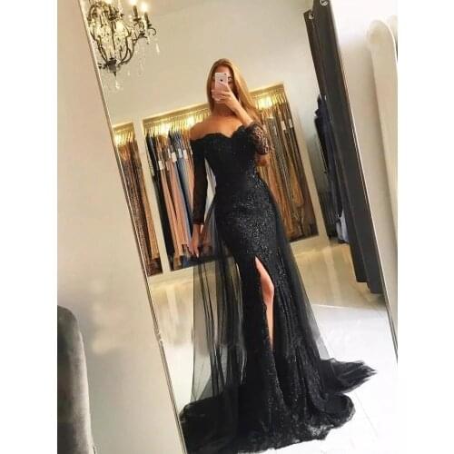 Black Muslim Evening Dresses Mermaid Long Sleeves Tulle Lace Beaded Slit Dubai Saudi Arabic Long Evening Gown Prom