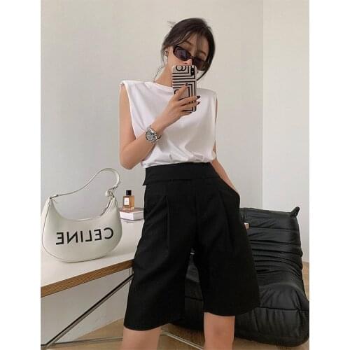CX 2021 New Summer Women Shorts Button Adjust High Waist Shorts Harajuku Bermuda Wide Legs Easy Leisure Cotton Suit Shorts