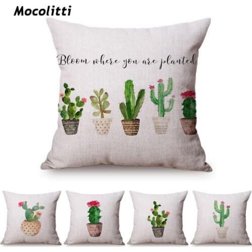 18" Nordic Watercolor Cactus Bonsai Desert Tropical Plants Style Sofa Decorative Throw Pillow Case Room Decor Cute Cushion Cover