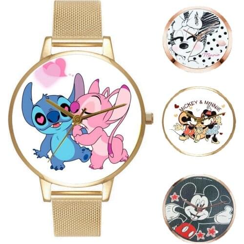 Disney Mickey Minnie Stitch Childrens Watch Alloy mesh belt PU Belt Fashion Anime cartoon figure Quartz Watch Birthday Gifts