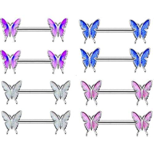 1 Pair Romantic Starry Sky Butterfly Nipple Ring Dripping Oil Stainless Steel Women Body Piercing Jewelries