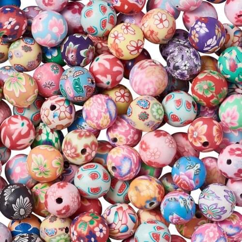 500pcs Handmade Flower Pattern Polymer Clay Round Beads for Jewelry Making Mixed Color, 8mm, Hole: 1~1.5mm