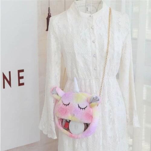 Cute Girls Fluffy Fur Rainbow Color Unicorn Crossbody Bag For Women Plush Rabbit Fur Sling Shoulder Bag Female Cosmetic Bag