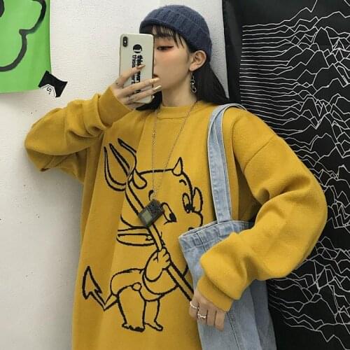 2021 New Autumn and Winter Trend Knitted Sweater Jacket ins Cartoon Little Devil Jacquard Men and Women Tops Loose and Thick