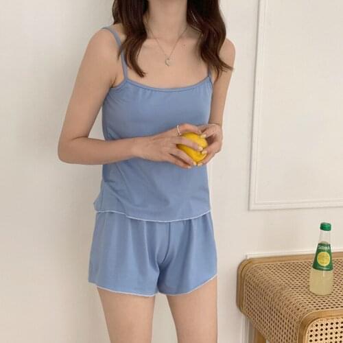 New Summer Womens Pajamas Sexy Sling Pajamas Set Sweet Girl Solid Color Korea Sleepwear Sleeveless Shorts Soft Nightwear Suit