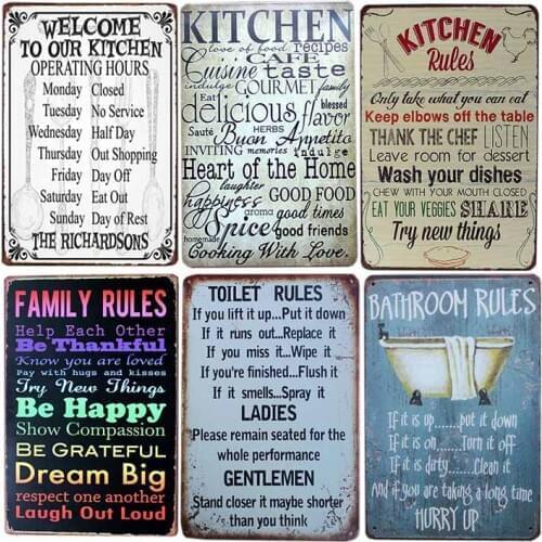 Family Rule Tin Sign Vintage Metal Bathroom Kitchen Rule Cafe Decoration Pub Retro Bar Wall Decorative 20x30cm