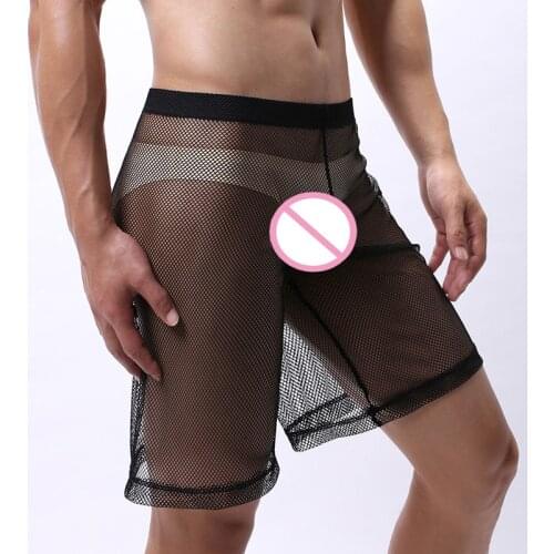 Mens Lounge Pajama Sleep Bottoms Sexy Mesh Underwear Long Shorts Bikini Boxers Comfy Home Sleepwear Gay Male Lingerie Underpants