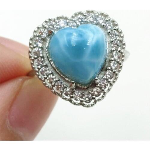 Namibia Natural Larimar Blue Heart Adjustable Ring 10x10mm Water Pattern Dominia 925 Sterling Silver AAAAAA