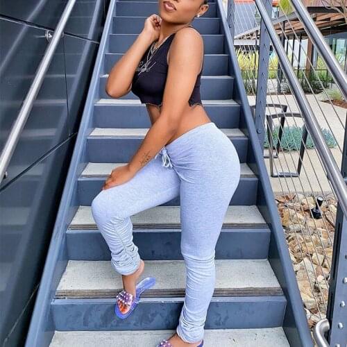 Elastic Skinny Stacked Leggings Sweatpants for Women Sexy Club Flare Pleated Ruched Pants Trousers Egirl Streetwear Clothes