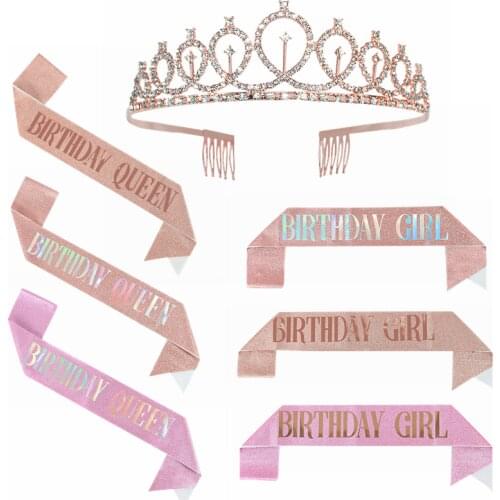 Birthday Bling Rhinestone Crystal Crown Tiara Rose Gold Satin Sash Crystal Crown Set Happy Birthday Anniversary Party Supplies 8