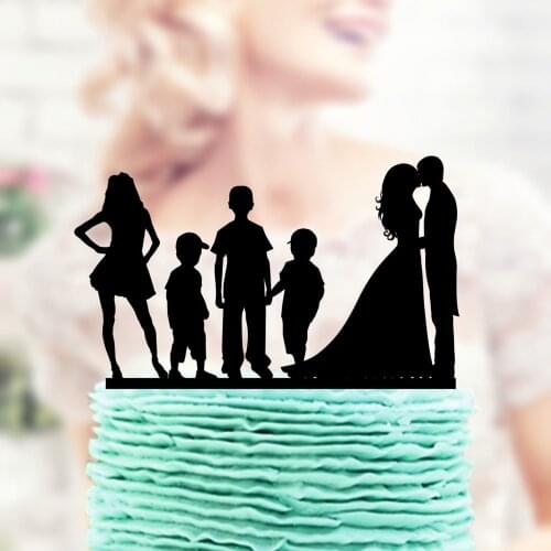 Family Wedding Cake Topper ,Bride & Groom with Girl and Three Boys Cake Topper, Couple with child silhouette Cake Topper