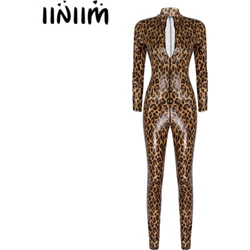 Skinny Bodysuit for Womens Ladies Fashion Teddies Leopard Print Leather Bodysuit Streetwear Zipper Catsuit Slim Fit Jumpsuit