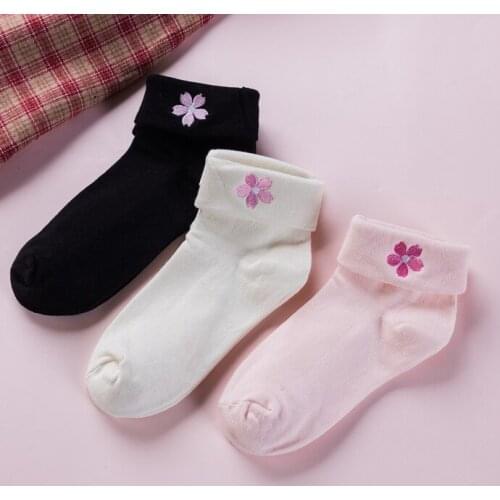 Japanese Flanging Embroidery Cherry Blossom Mid-tube Womens Socks Soft Girl Student Socks Cute Socks Factory Wholesale EU 35-43