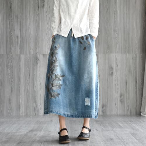 Johnature Casual New Literary Embroidery Drawstring Denim Skirt 2021 Spring Summer Loose Wild a-line Long Female Skirt