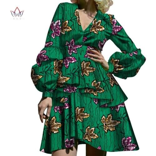 Dashiki African Dresses for Women Bazin Riche Ankara Print Knee-length V Neck Long Sleeve Dresses Women African Clothing WY4714