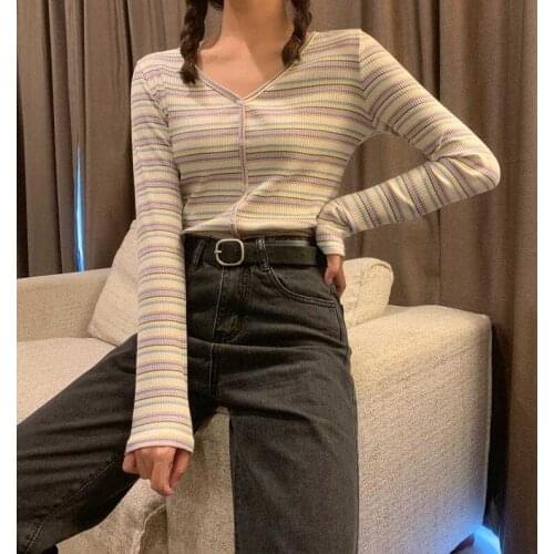 2021 Womens Jumper Cute Kawaii Thin Sweaters V-neck Striped Sweater Lady Harajuku Chic Ins Jumper For Women Casual Ulzzang