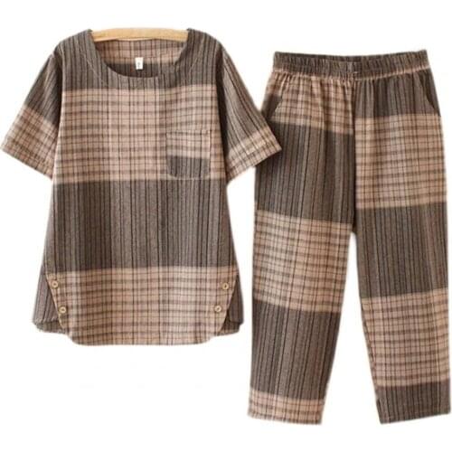 Retro Plaid Print Ladies T-shirt Round Neck Button Design Casual Women Short Sleeve Tops Pants Set for Daily Wear Suit