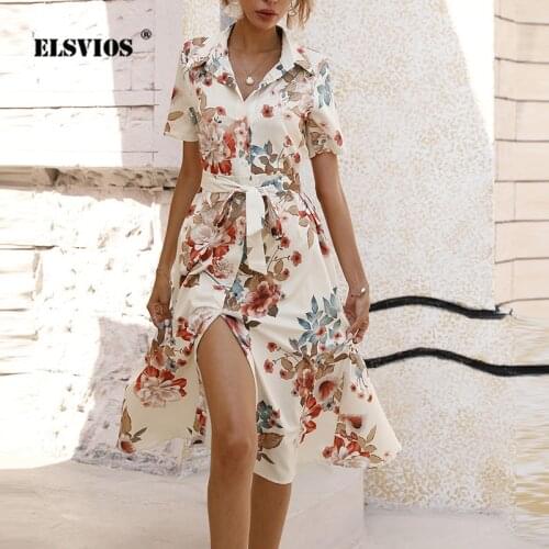 Waist Single-Breasted Print Short-Sleeve Dress Summer Women Fashion Lapel Belt Floral Midi Dress Elegant Lady Casual Street Robe