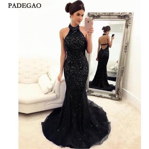 Sexy Black Evening Dresses Mermaid Halter Sleeveless Sweep Train Beading Open Back Gorgeous Prom Party Dress Custom Made