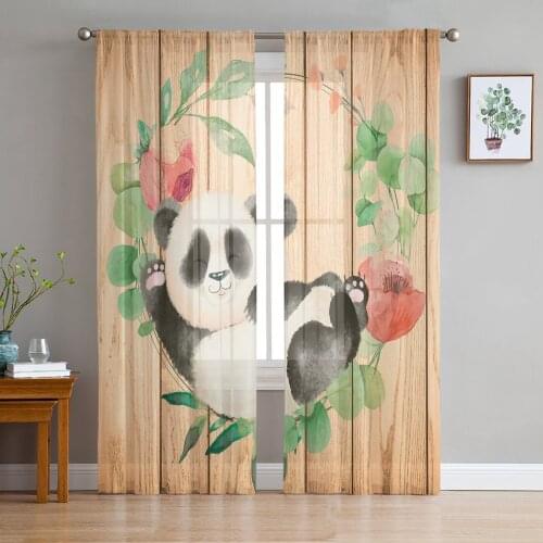 Watercolor Panda Wood Grain Flowers Voile Tulle Sheer Curtains for Bedroom Living Room Kitchen Decor Chiffon Windows Curtain