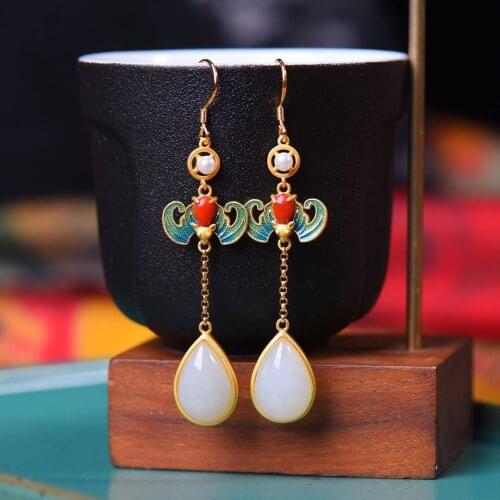 Antique Eardrops Super Fairy Court Style Long Fringe Earrings Womens Sterling Silver Retro Ethnic Style Hetian Jade Blue Earrin
