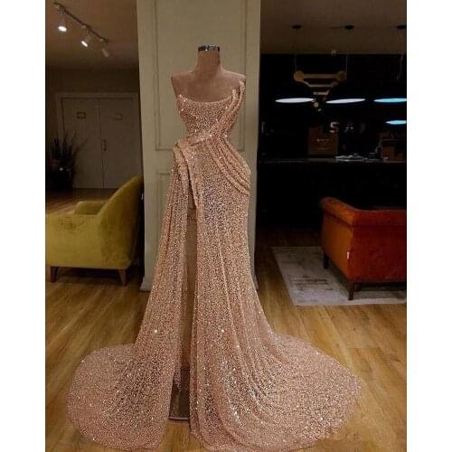 Sparkle Evening Dresses A-line Scoop Sequins Beaded Slit Sexy Dubai Saudi Arabia Long Prom Dress Gown Robe De Soiree