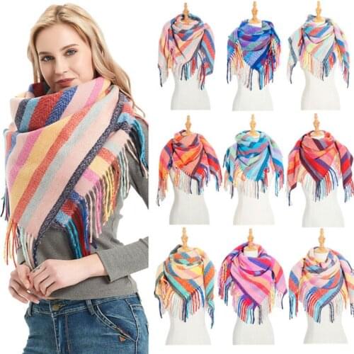Women Men Polyester Long Tassel Large Scarf Rainbow Bright Colorful Striped Knitted Thick Warm Square Shawl Wrap Blanket
