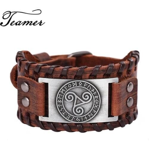 Teamer Vintage Celtics Symbol Triskel Metal Bracelets Women Men Genuine Leather Cuff Bracelet Bangle Wicca Runes Amulet Jewelry