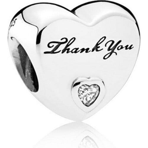 Hot Sale 925 Sterling Silver Love Heart Thank You Charm Beads fit Original Pandora Bracelets 925 Silver Jewelry Gift