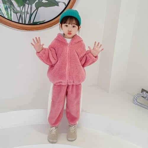 Baby Kids Plush Clothes Set Girls Boys Autumn Winter Hooded Jacket+Pants 2Pcs Suits Cute Children Warm Homewear Sets