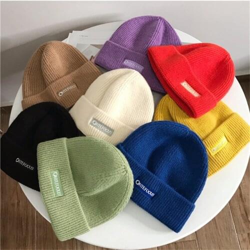 KENSHELLEY Womens Beanie Hat Hooded knitted hat Korean embroidered letter hat autumn and winter warm woolen hat Skull Hats