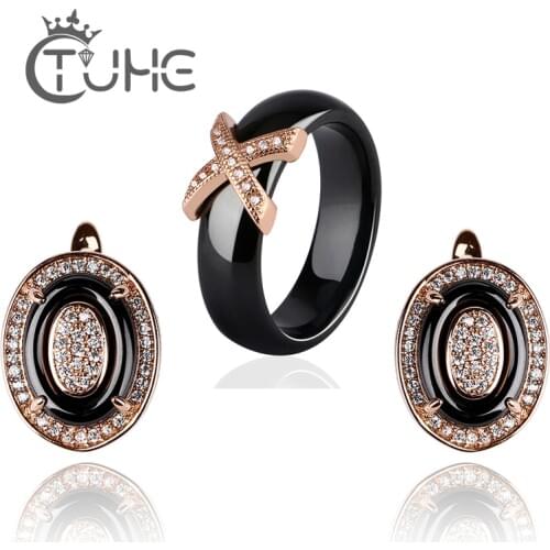 Crystal Rose Gold Jewelry Sets 2018 Fashion Healthy Ceramic Rings Egg Stud Earrings Women Jewelry Sets Wedding Christmas