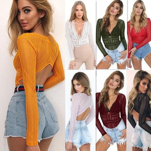 Danjeaner Lace Mesh Long Sleeve Bodysuit Women Sexy Deep V neck Hollow out Romper Jumpsuits Solid Slim Body Feminino Overalls