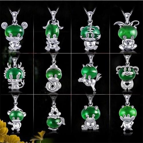 Natural Green Jade Chalcedony Zodiac Pendant 925 Silver Necklace Chinese Carved Charm Jewelry Fashion Amulet for Men Women Gifts
