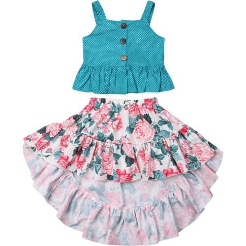 2Pcs Summer Girls Sling Dress Suit Toddler Kids Baby Girl Ruffle Button Vest Top Flower Skirts Outfits Clothes Sets 2-7Y