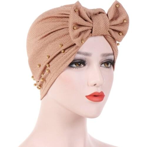 Muslim Womens Stretch Bead Bowknot Turban Hat Scarf Headwear Cap Head Wrap Plated Chemo Beanies Bonnet Hair Accessories