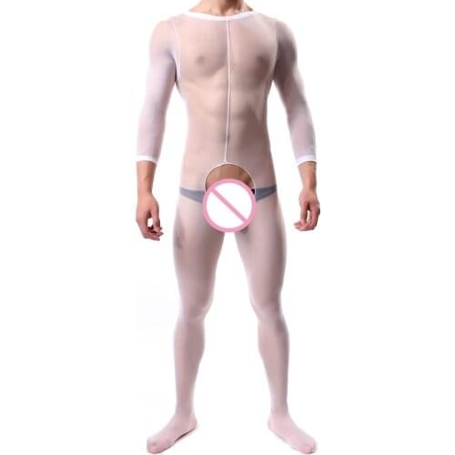 White Lingerie Mens Bodystocking New Erotic Sleepwear Sexy Lingerie Open Crotch Bodysuit Men Pantyhose Long Sleeves Underwear